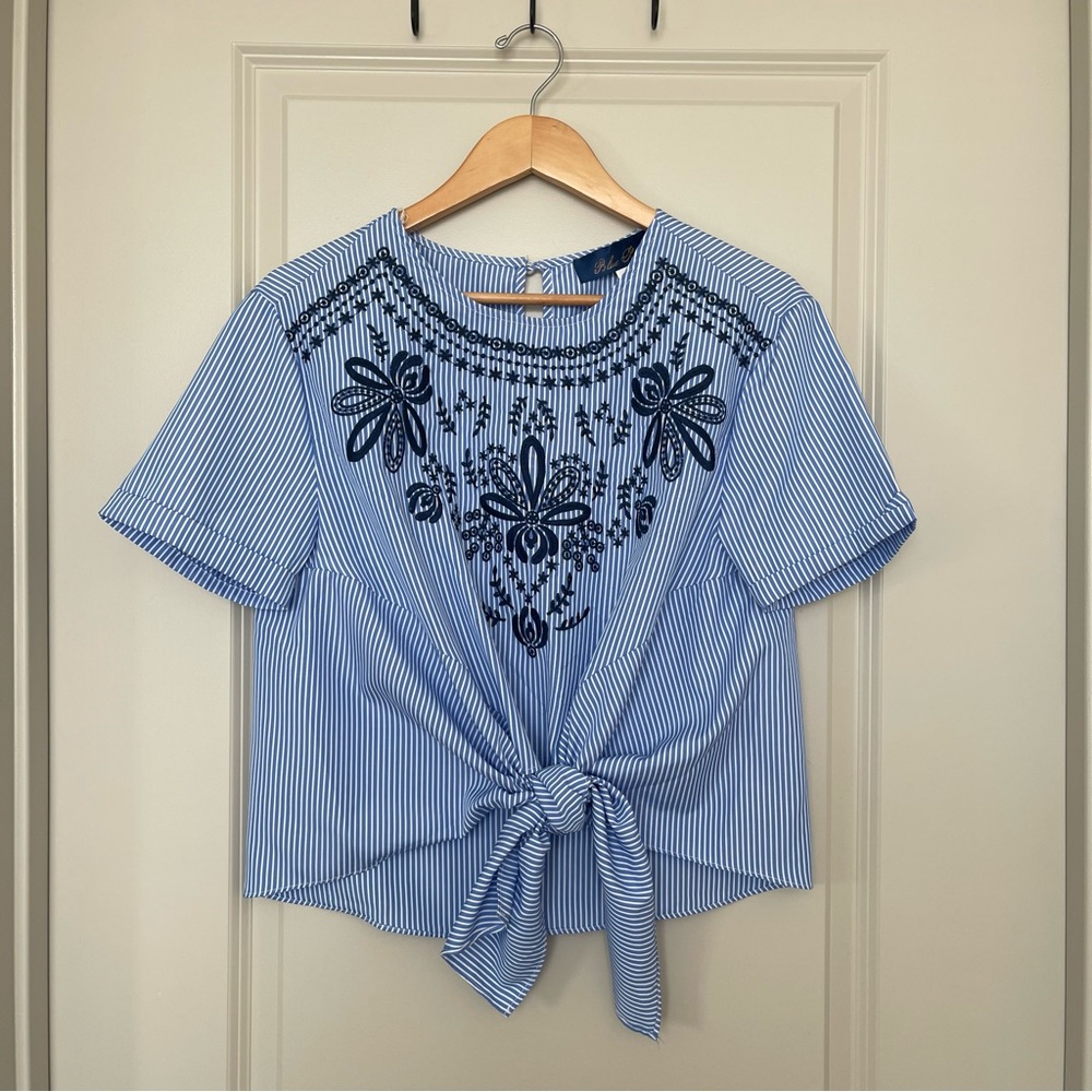 Blue Striped Embroidered Twist Top